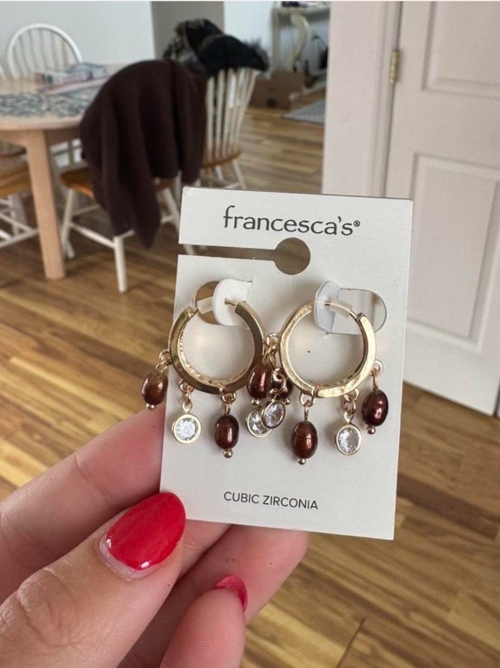 Francesca's Collections Gold Hoop Earrings with Brown Beads & Cubic Zirconia